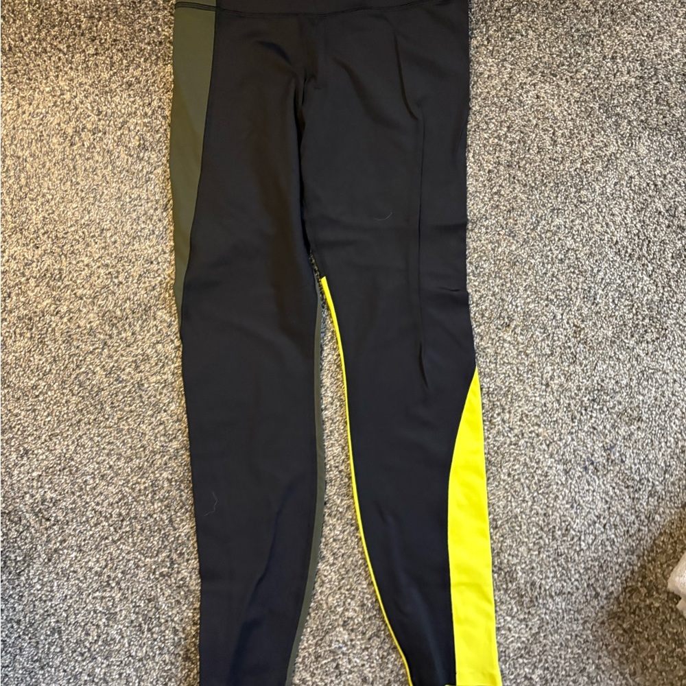 Athleta Women’s Black Leggings with Neon Yellow Side Panels